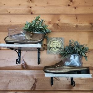 Liz Claiborne 💜 Harbin Slide On Flex Bit Mules Square Toe Shoes Gold Leather 9M